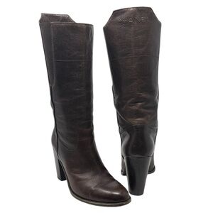 Chanel Brown Leather Knee High Embossed Logo Riding Boots Size 39
